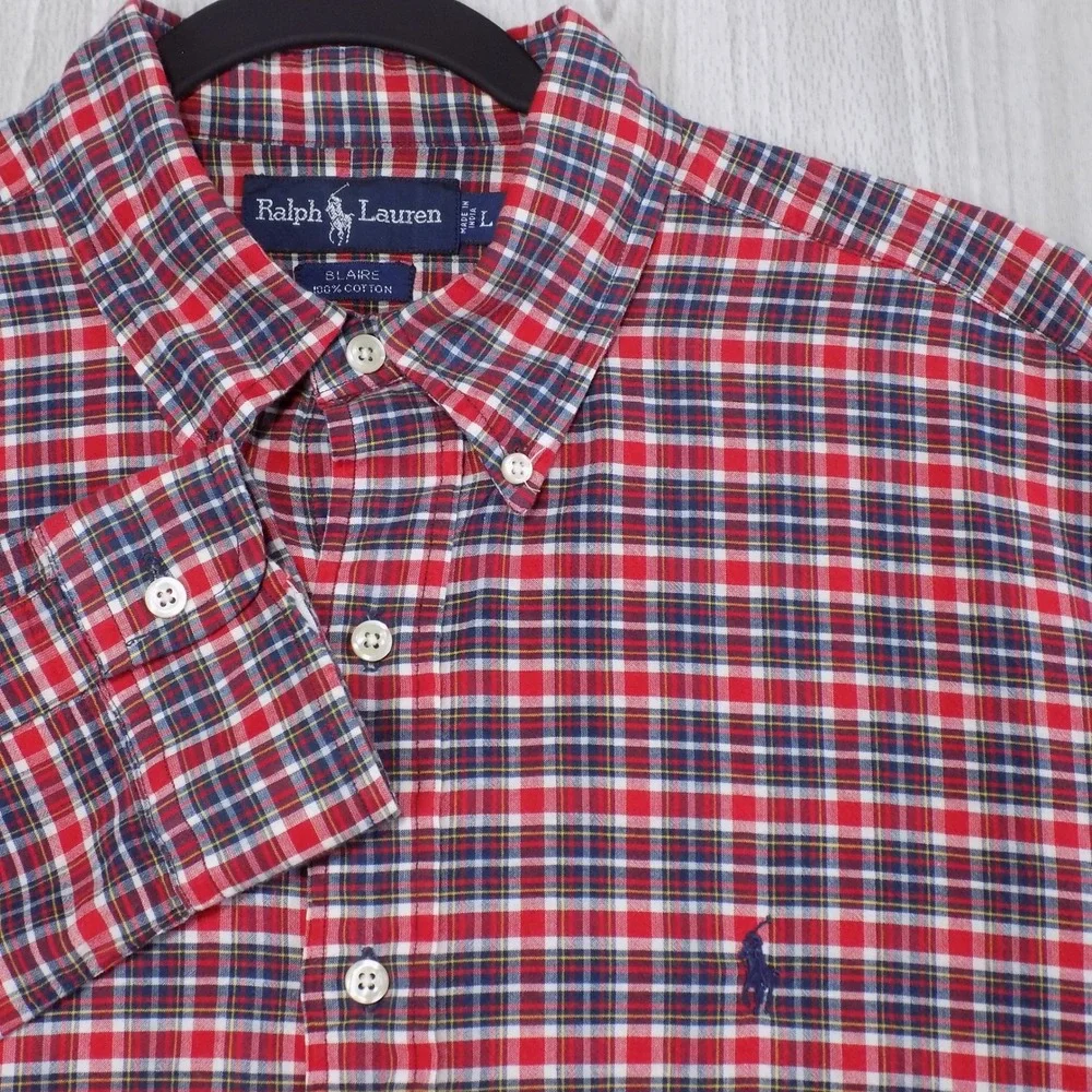 Ralph Lauren Blaire Mens Large Red Navy Plaid Cotton Button Down Shirt L 0317